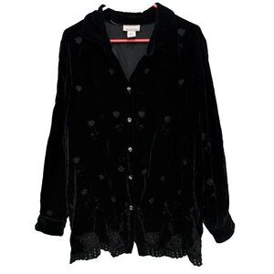 Avenue Womens Velvet Top Size 18/20 Black Embroidered BOHO Holiday Button Front